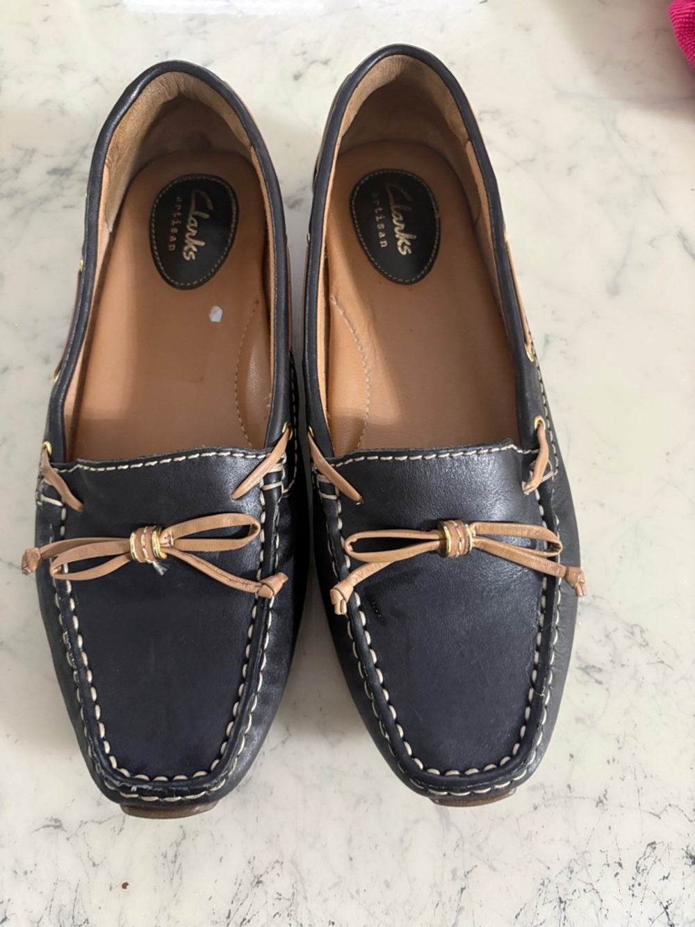 Clarks Navy Leather Driving Moccasins with Tan Laces